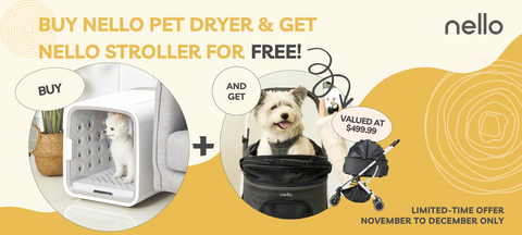 Promotional offer for Nello pet dryer with free stroller, featuring a dog in a stroller and dryer.